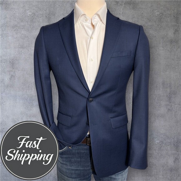 Calvin Klein Mens 38S Navy Wool Blazer Extra Slim Fit 2 Button Sport Coat Jacket - Picture 1 of 13